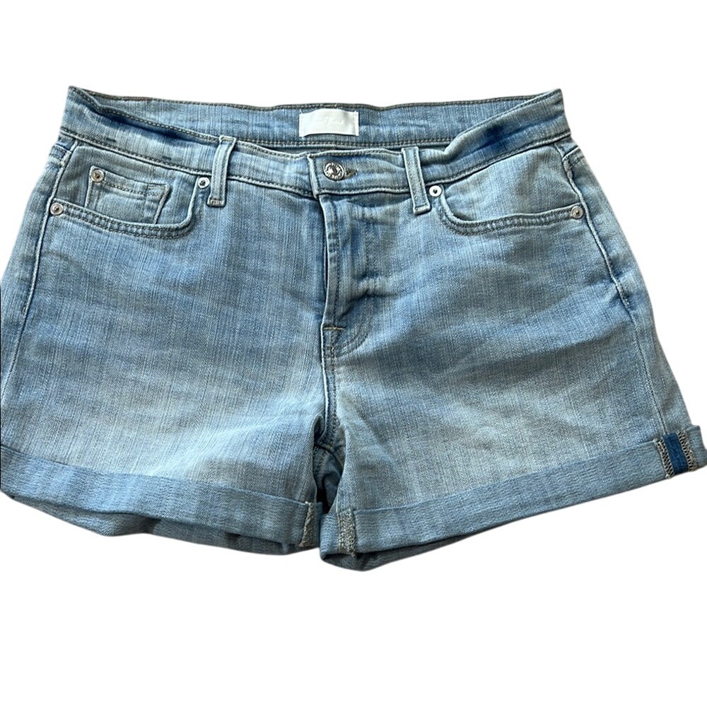 7‎ For All Mankind Denim Shorts Mid Roll Cuffed Hem Light Wash Women's 28